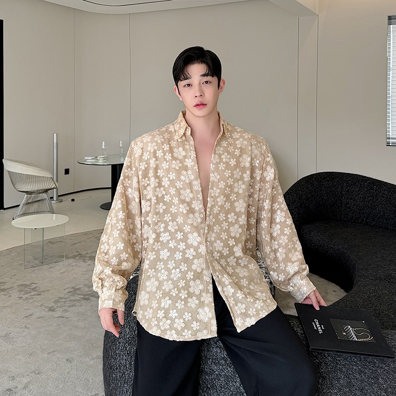 早秋高级感刺绣亮片衬衫男长袖设计感小众网红夜店蹦迪演出衬衣潮