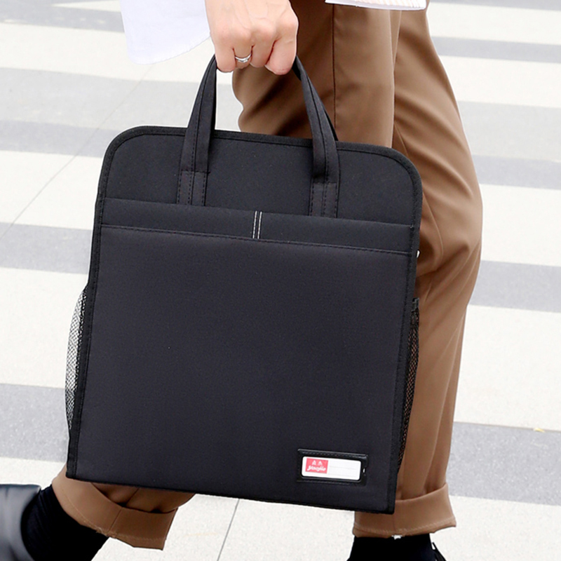 新款手提文件袋公文包防水大容量拉链文件袋手提包加厚黑色时尚商