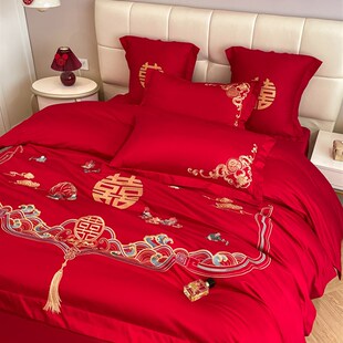 新中式 刺绣婚庆四件组大红色婚嫁备婚被套床单结婚床上用品