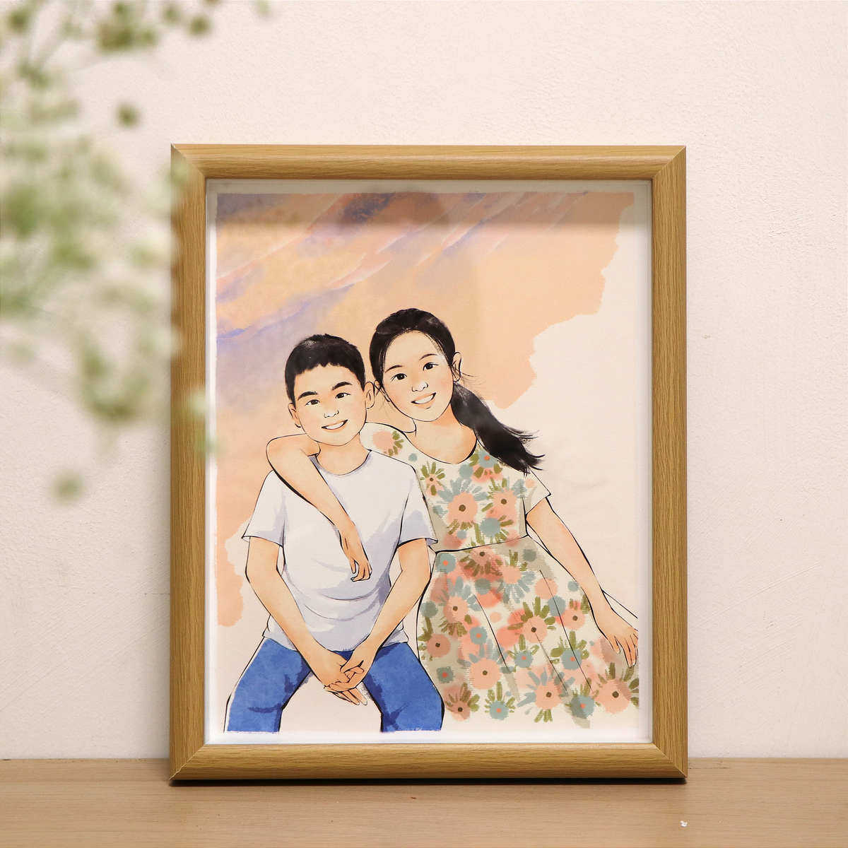 照片水彩手绘定制全家福人物画头像定制情侣结婚请柬画像礼物木框