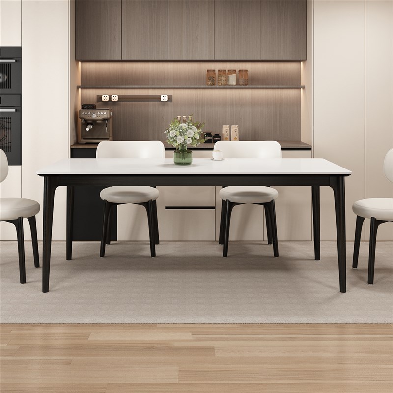 德利丰实木岩板餐桌椅组合家用白蜡木纯白小户型现代简约黑色饭桌