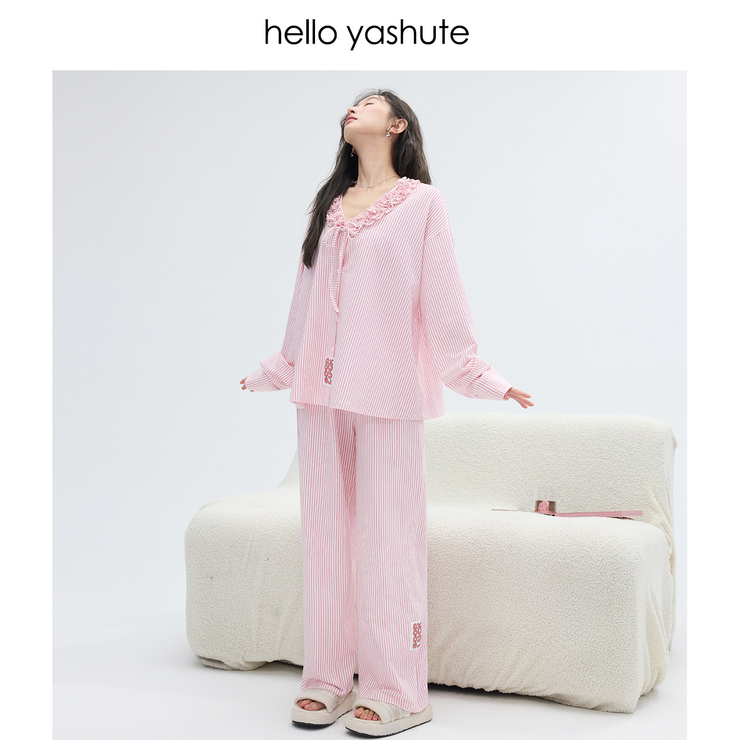 helloyashute睡衣女款春秋季柔软棉质带胸垫宽松樱花粉条纹家居服