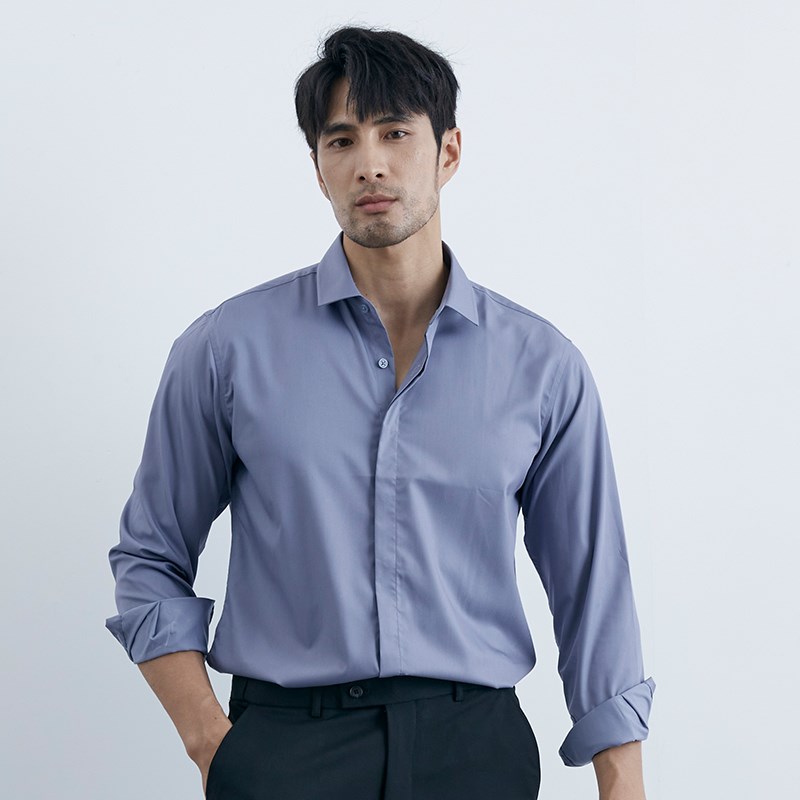 优雅绅士衬衣男士轻商务休闲蓝色寸衫免烫隐藏扣正装白色衬衫潮流