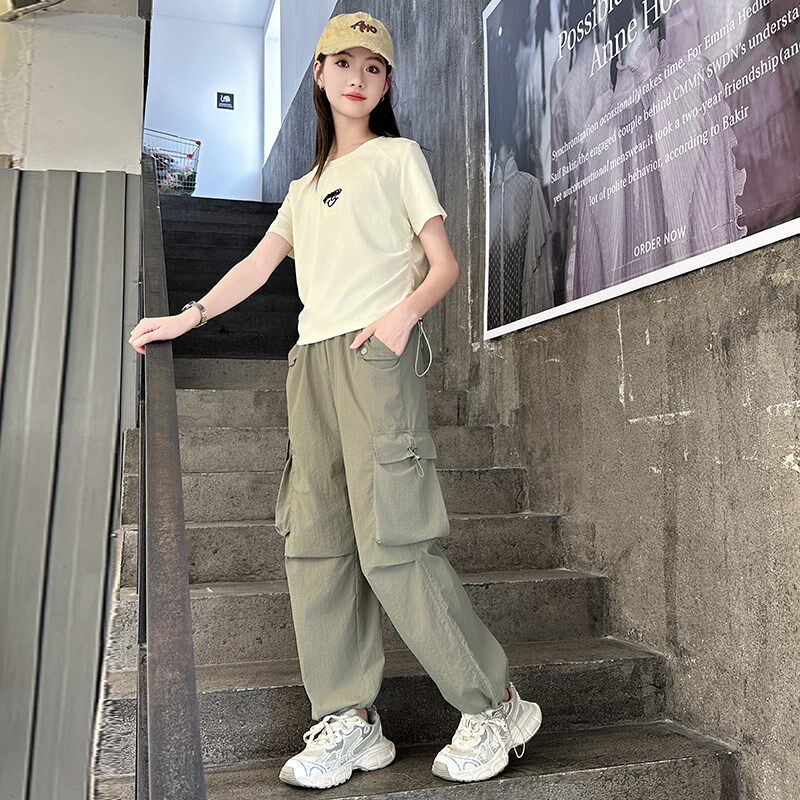 女大童夏装套装2025新款儿童洋气少女学生时髦酷飒风工装裤两件套