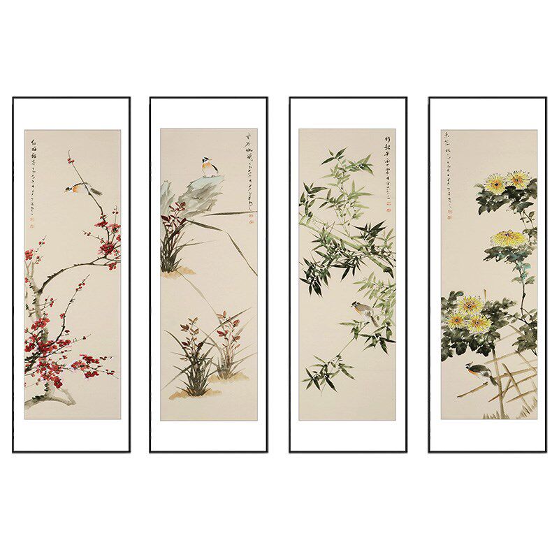 梅兰竹菊装饰画四联客厅沙发背景墙挂画新中式茶室壁画办公室字画