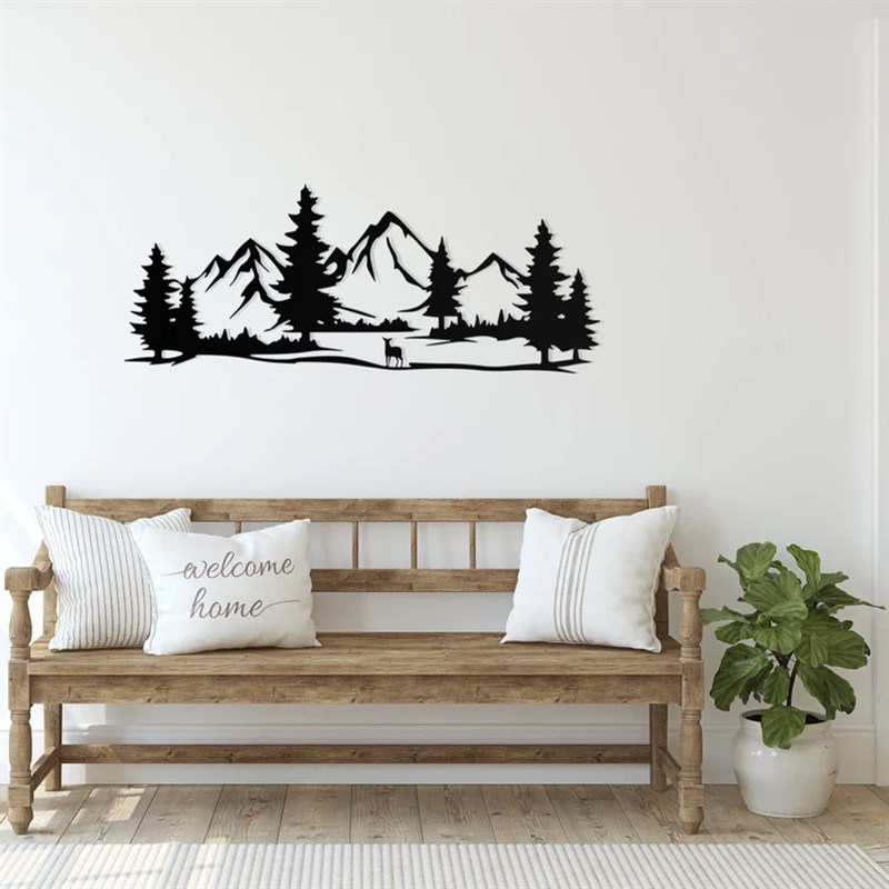 风景画 画铁艺挂件树林山脉鹿剪影客厅背景墙壁挂玄关办公室墙面