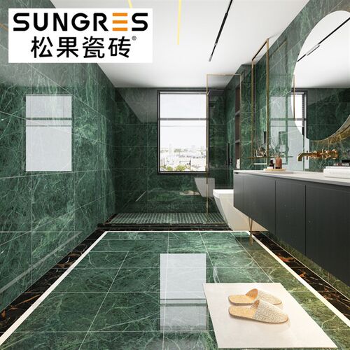现代简约绿色通体大理石瓷砖深色卫生间厨房墙砖地砖400 800