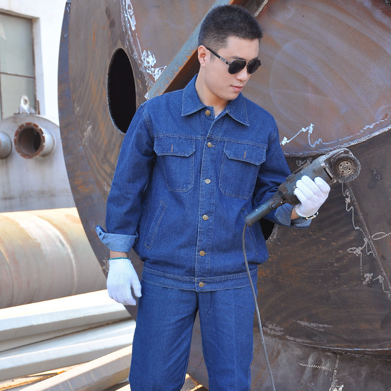 电焊牛仔工作服套装男秋冬季焊工纯棉加厚防烫阻燃耐磨耐脏劳保服