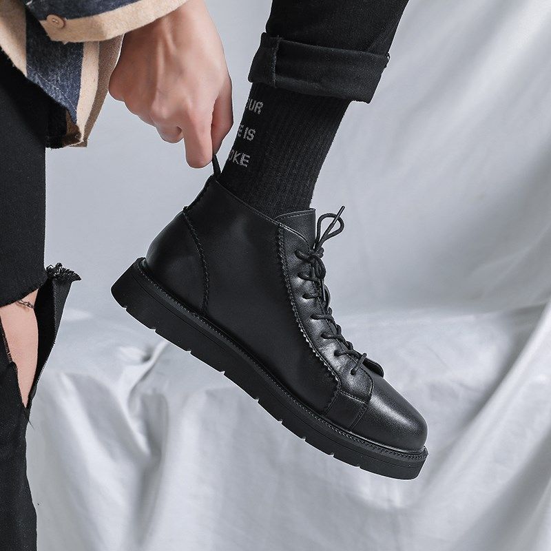 马丁靴男冬季加绒高帮皮鞋黑色中帮英伦风低帮厚底增高男靴子