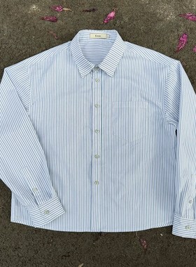 Erole 60支纯棉轻薄编织条纹衬衫短宽高知风慵懒松弛白色百搭衬衣