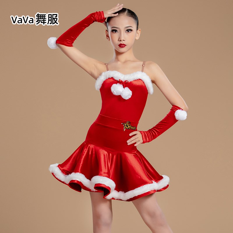 VaVa舞服拉丁舞少女儿童圣诞节春节日丝绒演出练功服舞台表演服装