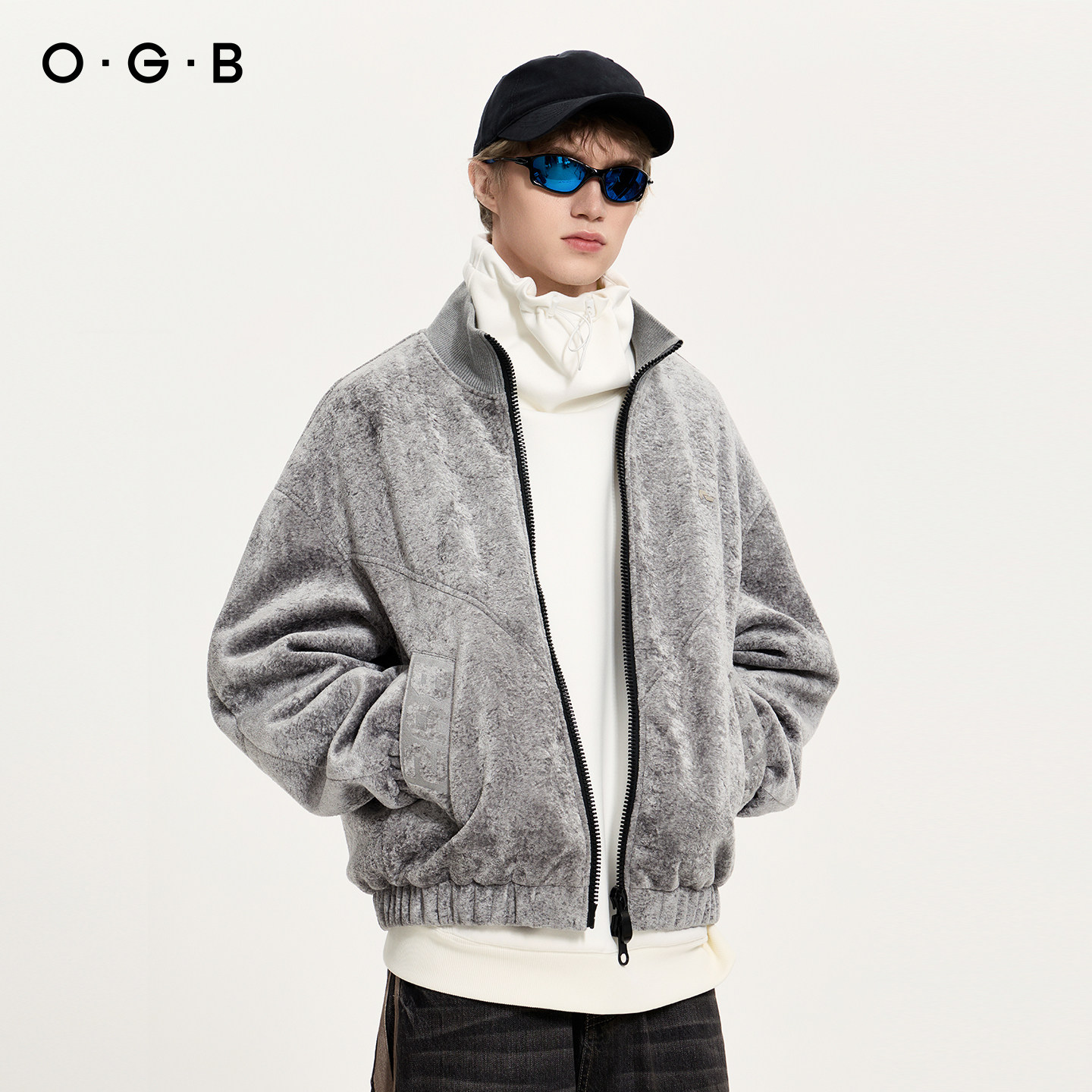 OGB 2025年冬季新款灰色短绒短款夹克立领休闲保暖双头链外套情侣