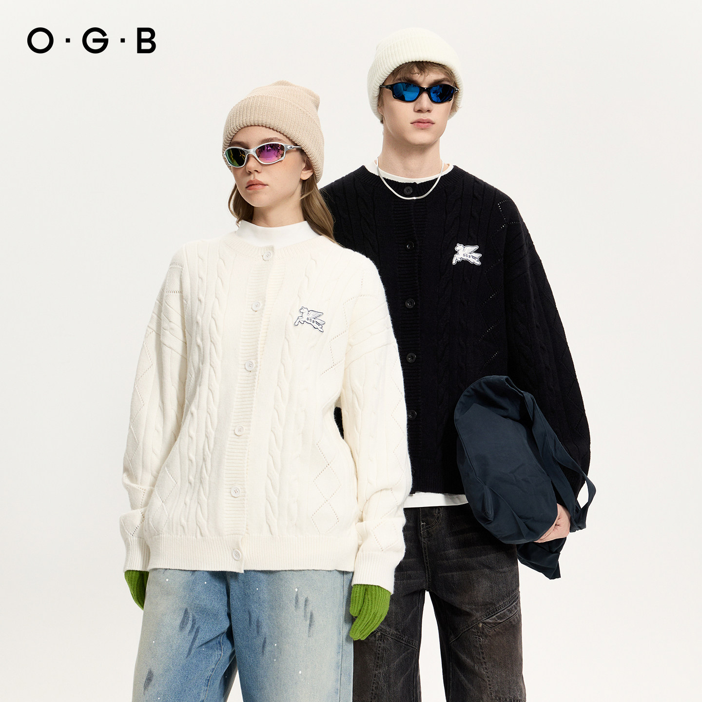 OGB 2025年冬季黑白软糯独角兽印花针织开衫圆领毛衣外套男女同款
