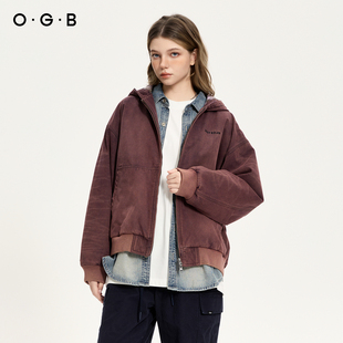 OGB冬季做旧复古肌理感铁锈红连帽工装外套宽松男女同款上衣