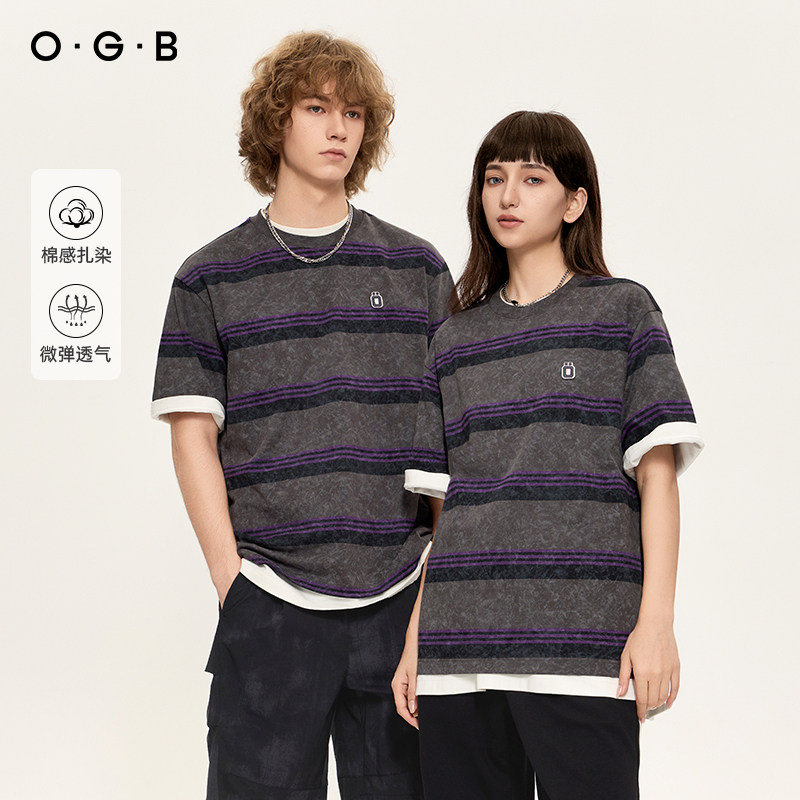 OGB美式复古条纹撞色短袖T恤宽松潮流休闲落肩字母情侣款印花上衣