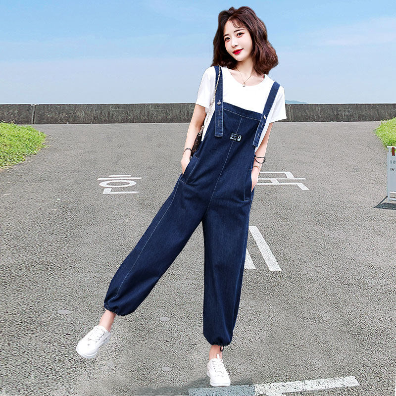 收脚牛仔背带裤套装女夏天薄款韩版宽松阔腿2025时尚新款小个子潮