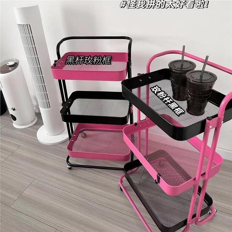 黑红色DIY小推车置物架三层落地带轮可移动婴儿用品厨房收纳架子