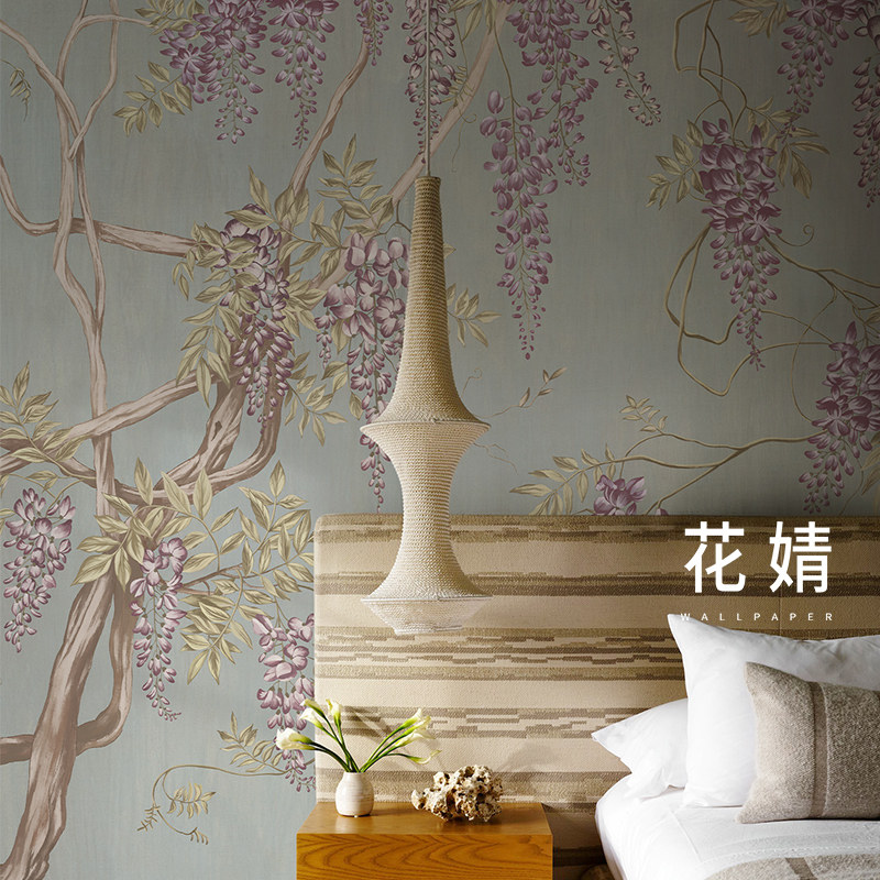 定制壁画现代紫藤树客厅沙发背景墙美式花卉壁纸卧室影视墙纸墙布