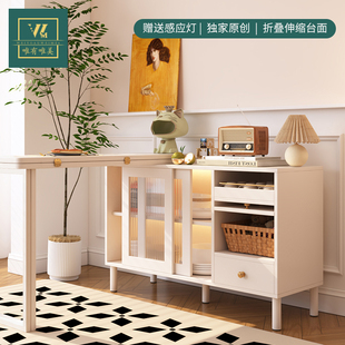 折叠餐桌餐边柜一体小户型多功能旋转吧K台桌奶油风可伸缩餐桌定
