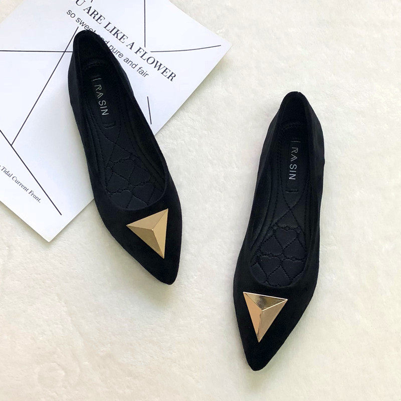 女鞋2021新款秋冬韩版尖头网红加绒平底鞋女瓢鞋百搭软底黑色单鞋