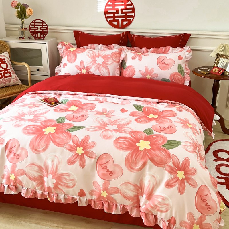 婚庆四件套中式大红色床单被套新婚喜被全棉结婚床上用品陪嫁