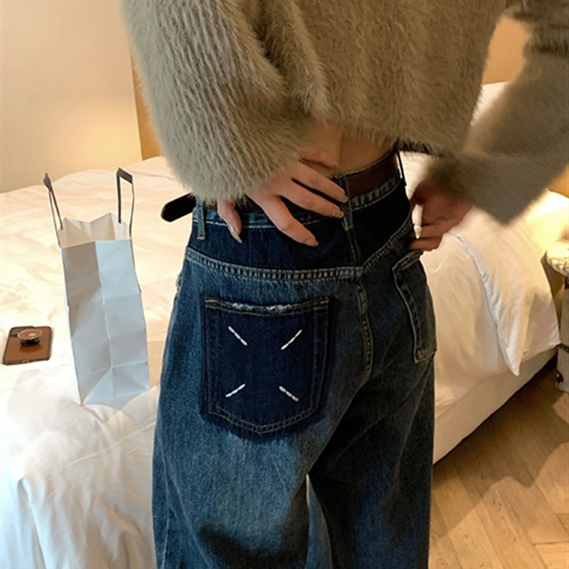 时尚后翻盖口袋裤绣花孕妇牛仔阔腿裤春秋I季薄外穿孕妇裤春季直