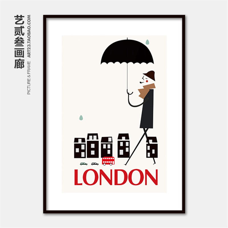 抽象卡通城市插画小清新人物建筑现代简约儿童房床头有框装饰挂画图片