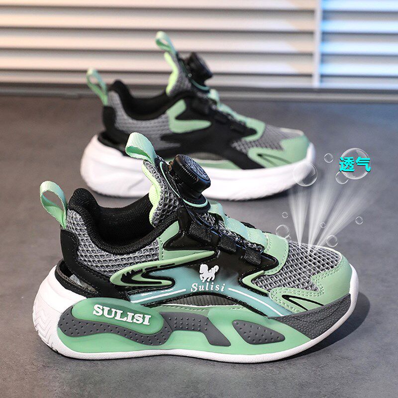 夏季凉鞋男童2025新款儿童旋钮扣镂空运动网鞋男孩跑步网面透气潮