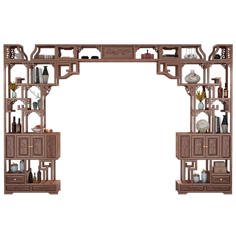 博古架新中式客厅门实木伸缩月洞门隔断背景墙月亮拱门玄关展示柜