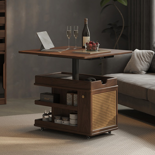 实木升降茶几可移动折叠s推车黑胡桃木旋转边柜小户型客厅沙发边