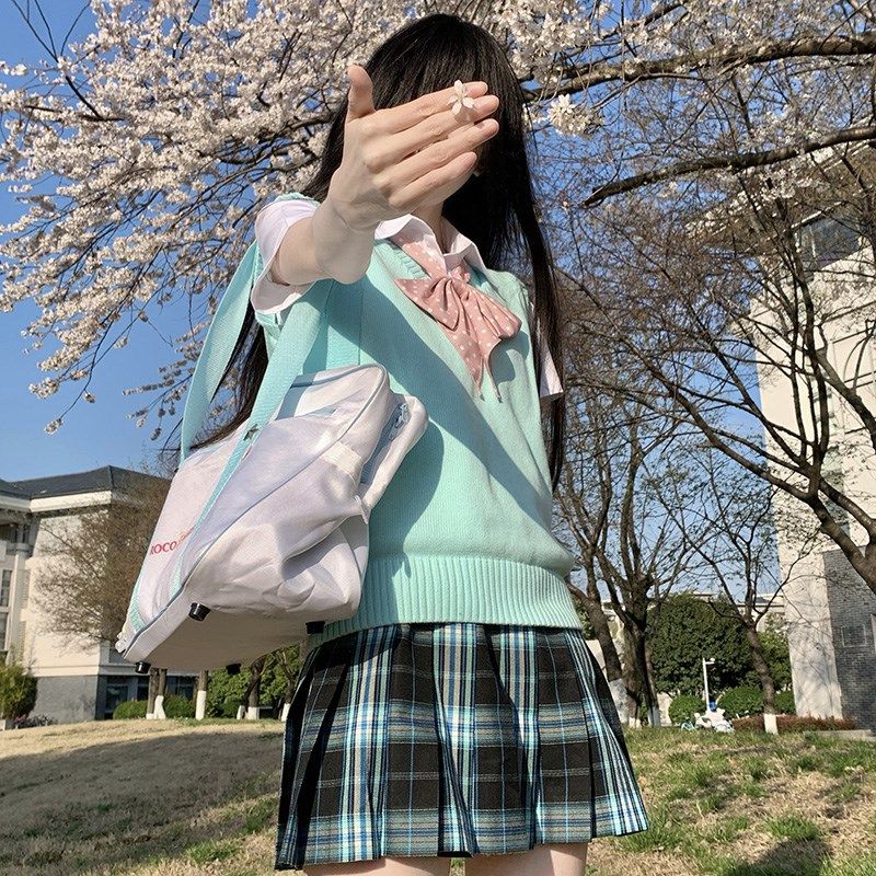 东京岁时记jk新k款衬衫女夏套装新款薄荷汽水格裙套装小个子套装