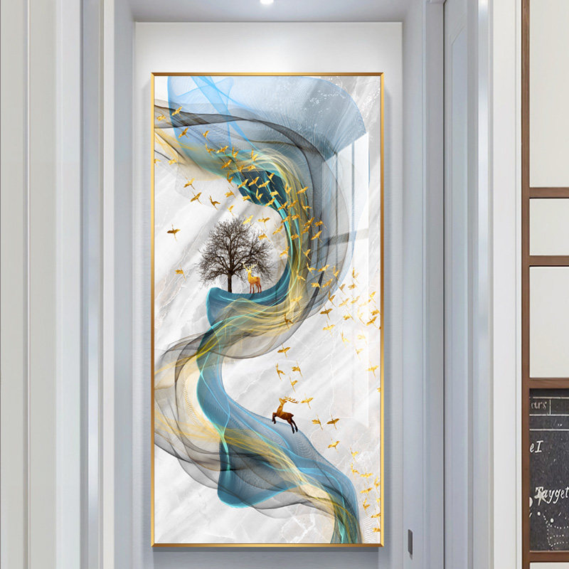 晶瓷画镶钻现代简约装饰画招财麋鹿D进门生财玄关过道挂画走廊尽