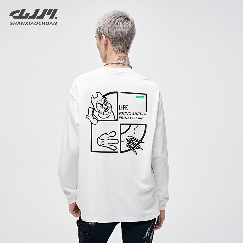 卡通涂鸦男士长袖t恤2024新款潮流体恤男款秋季内搭打底衫