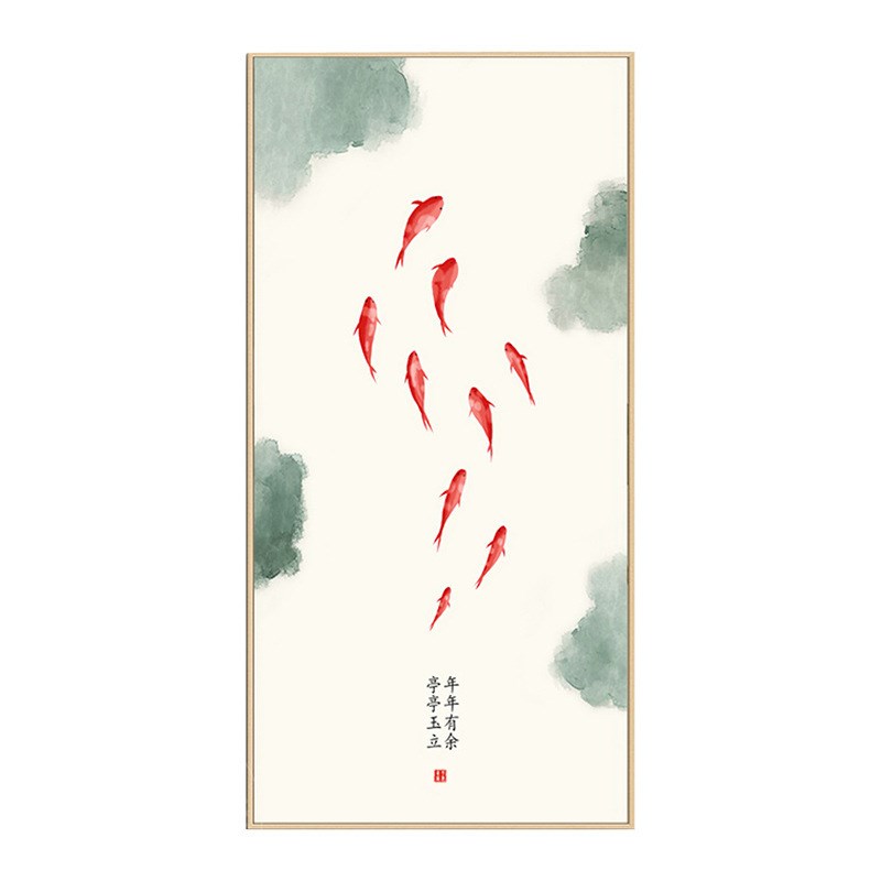 九鱼图竖版中式日式客厅挂画现代走廊过道壁画锦鲤入户玄关装饰画图片