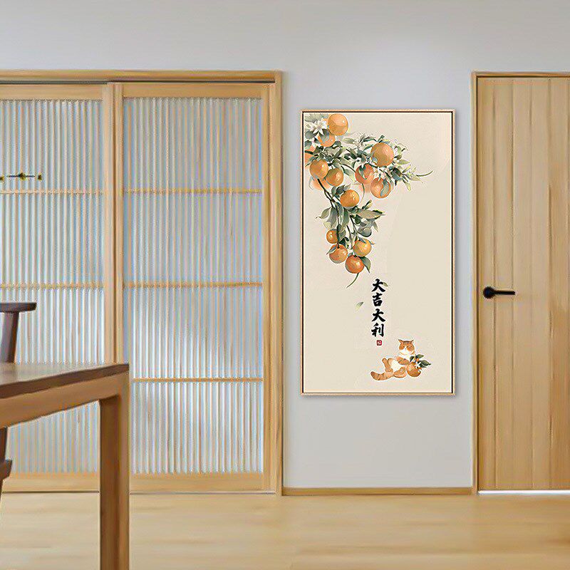 新中式长方形装饰画竖板玄关背景墙画门口尽头过道画简约现代挂画