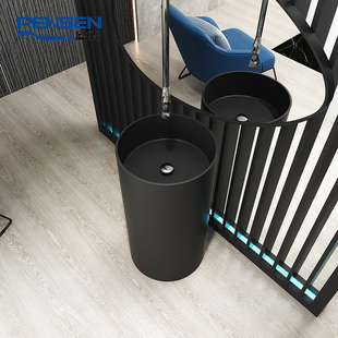 盆森洗手盆薄边圆形立柱人造石脸盆落地式一体式独立式柱盆洗手盆