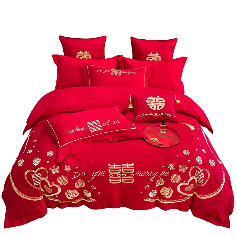 婚嫁床上四件套大红色被套婚房用品陪嫁支长绒棉刺绣.米床