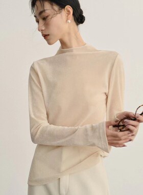 【现货】秋冬新款洋气丝绒橙色网纱打底衫半高领喇叭袖内搭小衫