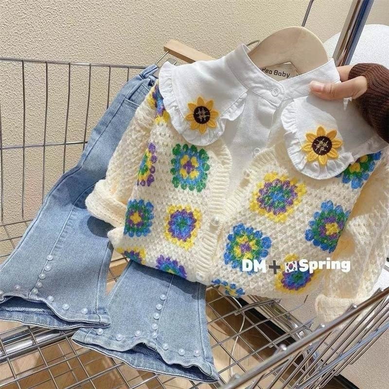 女童春季套装2024年春秋季新款针织开衫白色衬衣牛仔裤三件套洋气