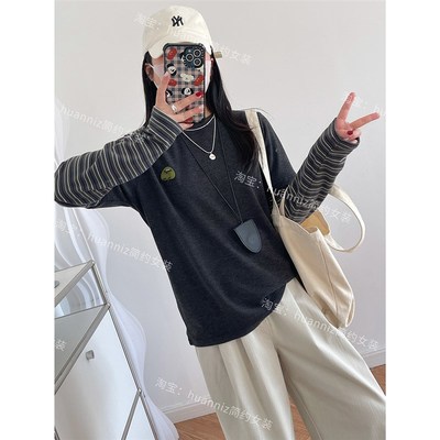 设计感假两件深灰色拉绒磨毛T恤条纹袖拼接宽松长袖打底衫上衣女