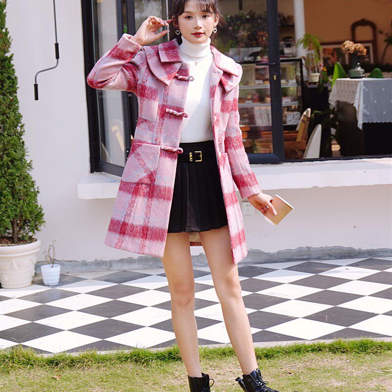 ATAR国潮毛呢外套女2024冬装新款双层领时尚格子呢料大衣加棉内里
