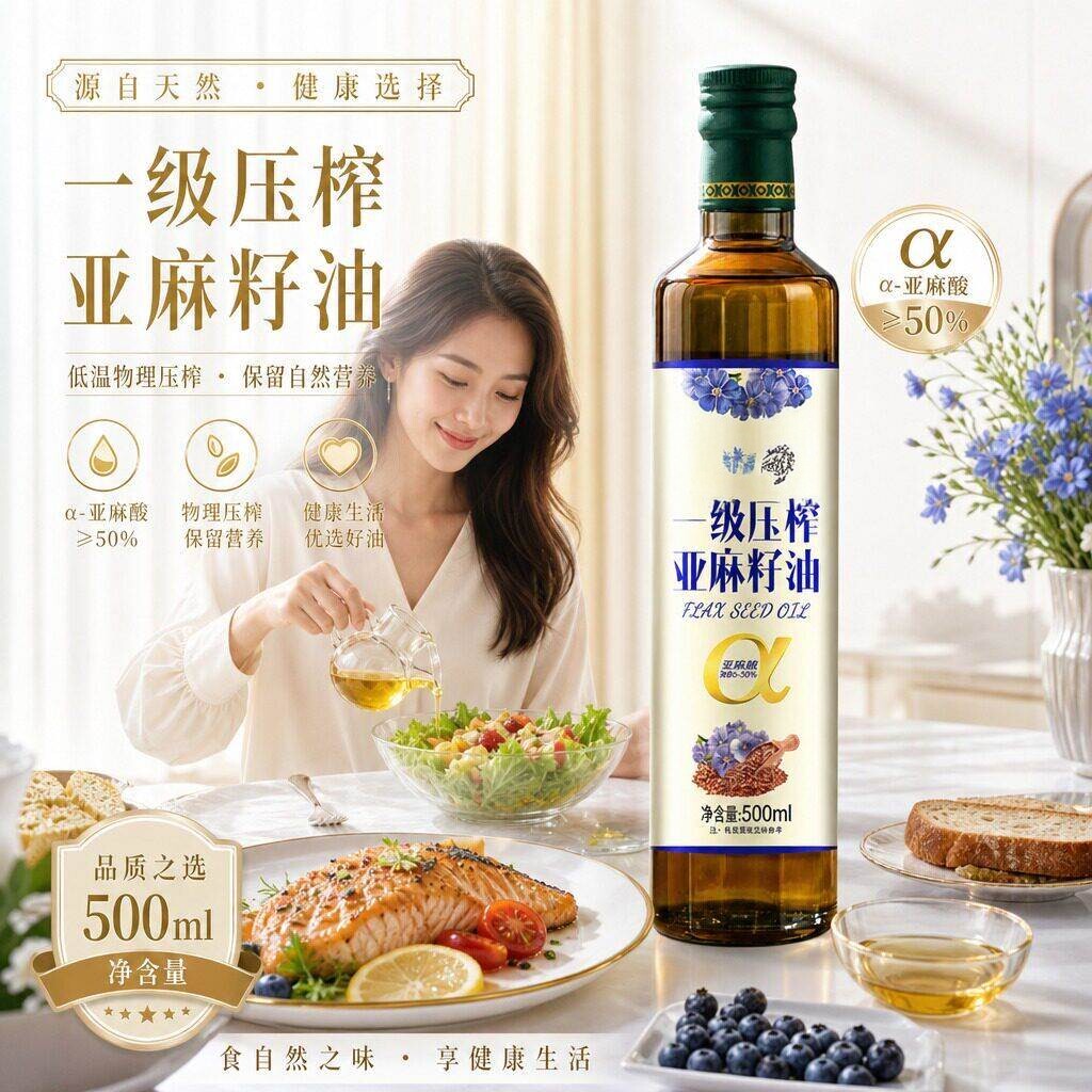 纯亚麻籽油一级冷榨食用油家庭家用小瓶儿童孕妇有机0反式脂肪酸