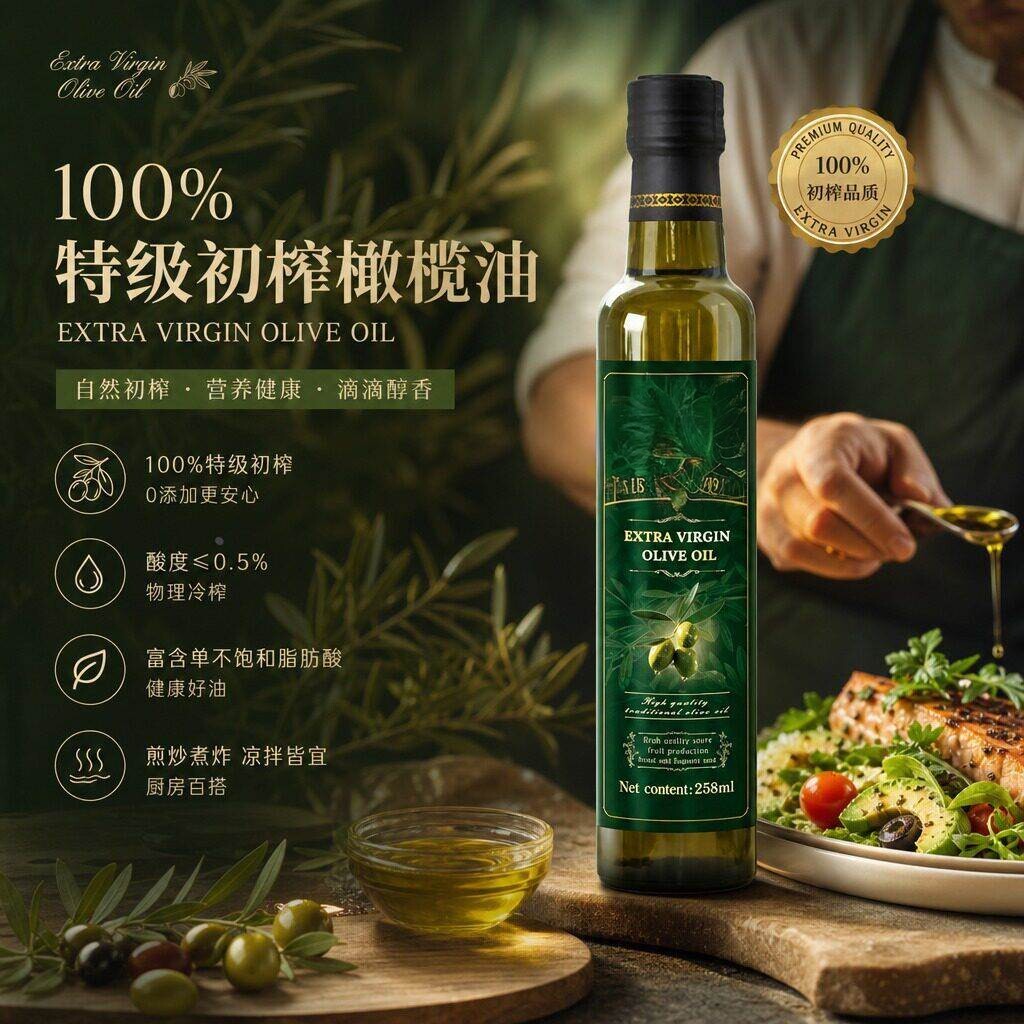 纯特级初榨橄榄油食用油炒菜凉拌低脂低卡低热量健身代餐轻食伴侣