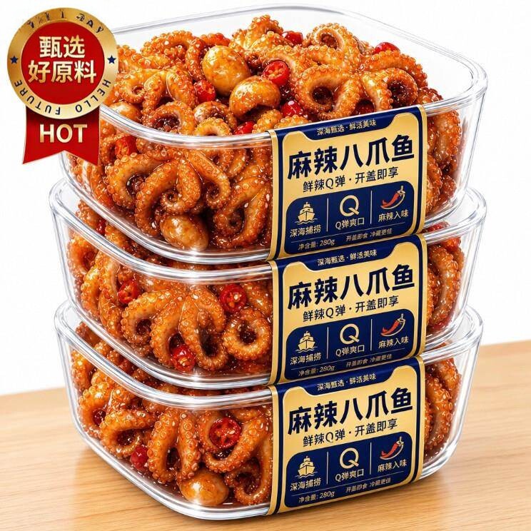 八爪鱼爆头小吃麻辣小海鲜熟食罐头生蚝鱿鱼扇贝虾尾海味零食礼包