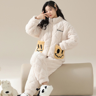 樱伴珊瑚绒睡衣女冬季三层加厚保暖法兰绒家居服套装卡通可爱夹棉