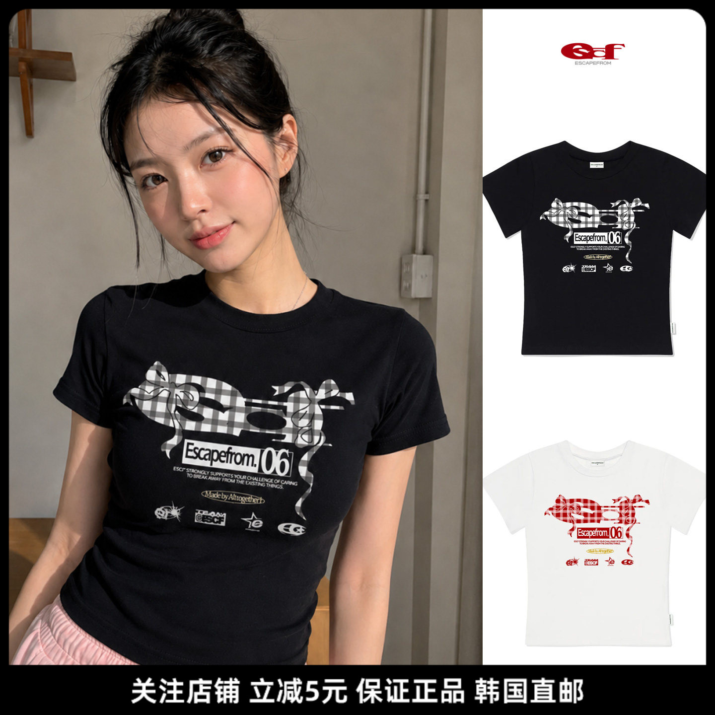 ESCAPEFROM格纹丝带短袖T恤女图片