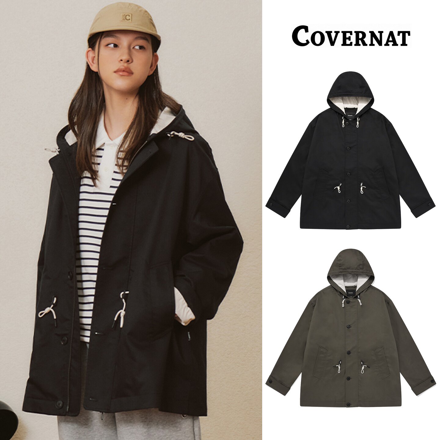 COVERNAT连帽长款工装风衣女