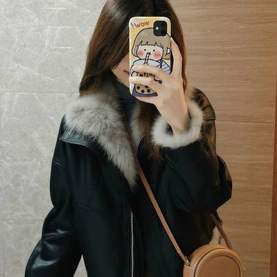 黑色机车服皮毛一体高级感短款