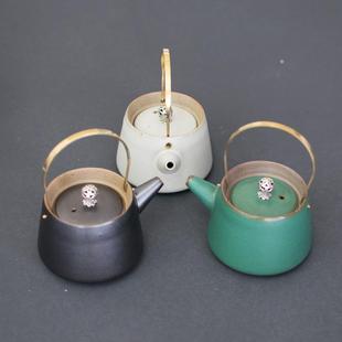功夫茶具 仿古茶壶提梁壶陶瓷复古泡茶器家用铜把单壶茶水壶日式