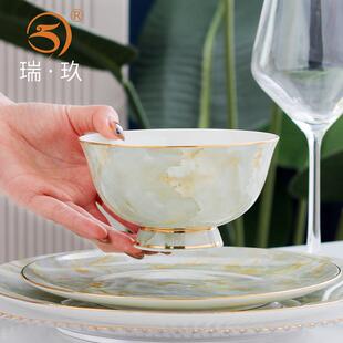 碗家用单个4.5英寸中式轻奢大理石纹碗餐具骨瓷饭碗汤碗6英寸面碗